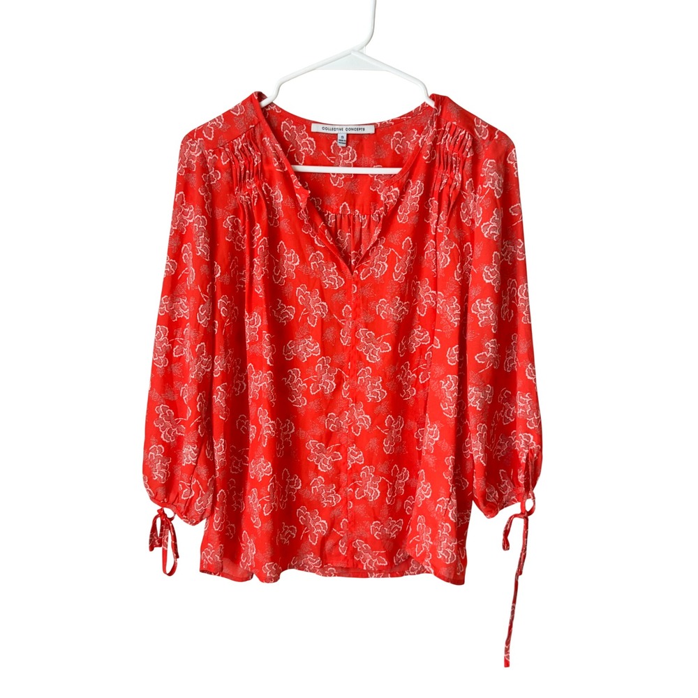 Collective Concepts Red Floral V-Neck Pintuck Blouse Tie Sleeve TS3387-01 Small
